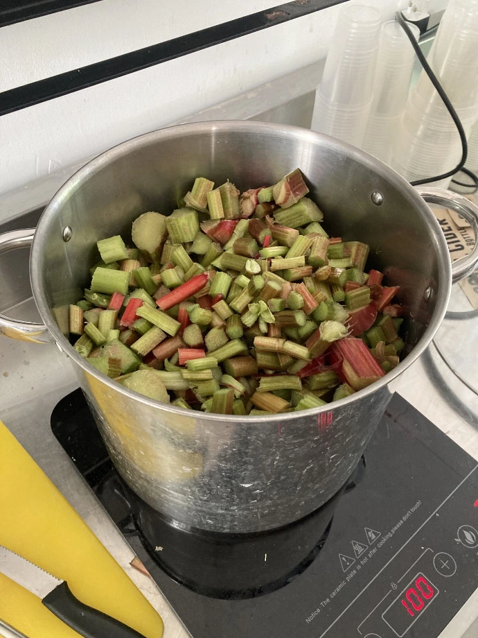 Stewing the rhubarb and gooseberries